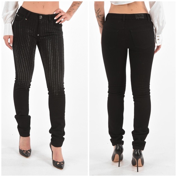 NWT Philipp Plein Slim Fit Crystal Jeans Black Stretch Sz 29